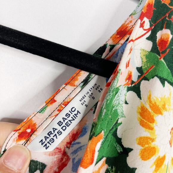Zara Floral Cropped Wrap Side Tie Top Blouse Small S Green Orange Short Sleeve - Picture 7 of 12